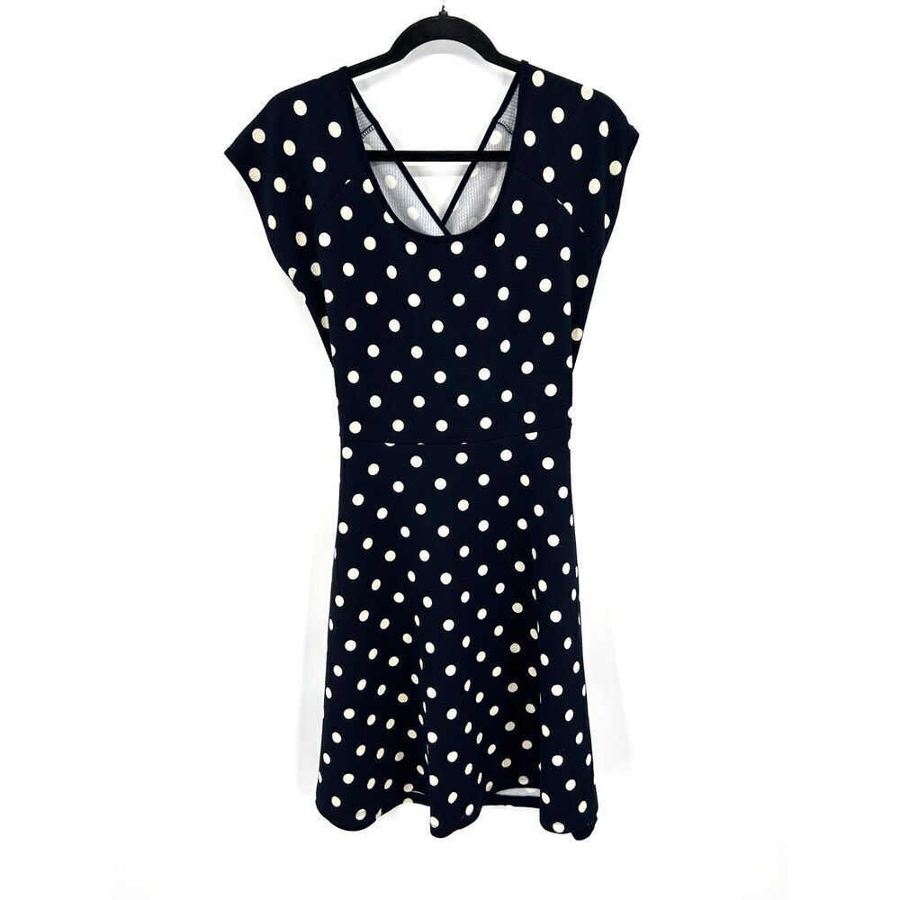 GILLI Navy Blue White Polka Dot Open Cross Back Knee Length Dress Size Medium